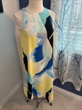Alfani Sleeveless Abstract Print Shift Dress in Aqua, Yellow & Blue